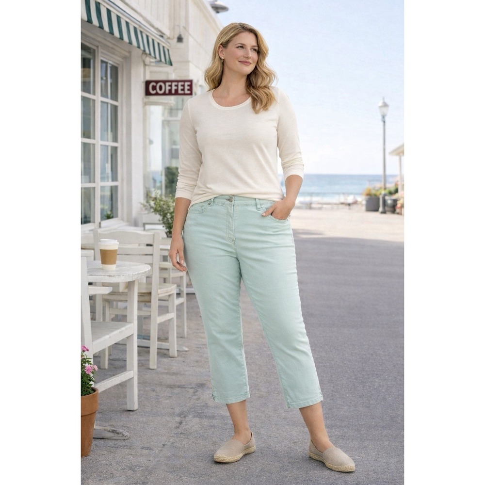 Talbots Mint Green Capri Pants Sz 16 Stretch Cotton Ankle Casual Career - Picture 2 of 8